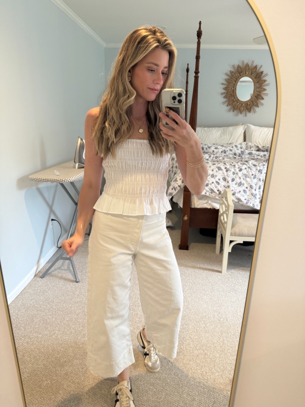 H&M White Smocked Spaghetti Strap Ruffle Hem Camisole